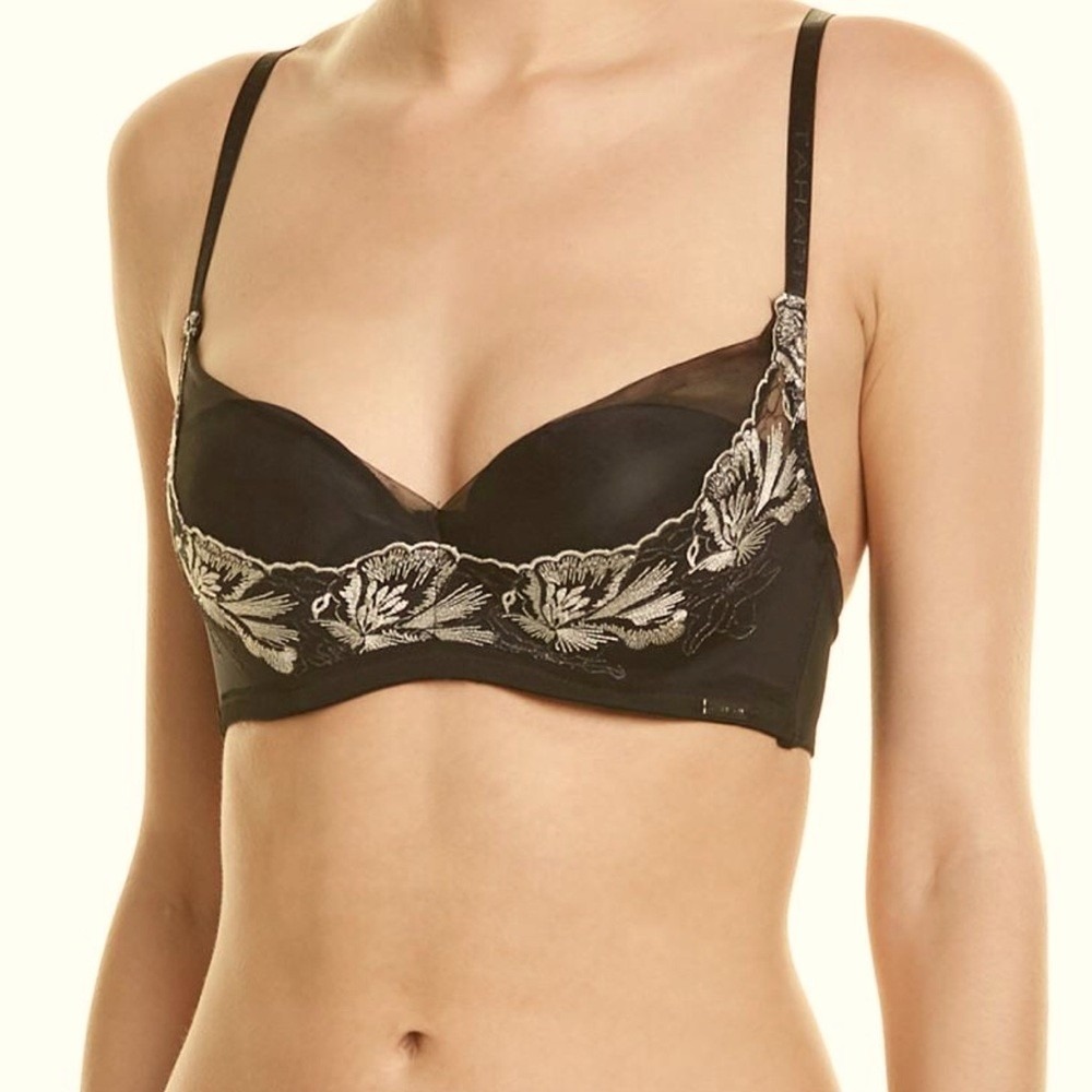 Tahari Balconette Bra 36B Black Floral Embroider Mesh Padded Underwire Romantic